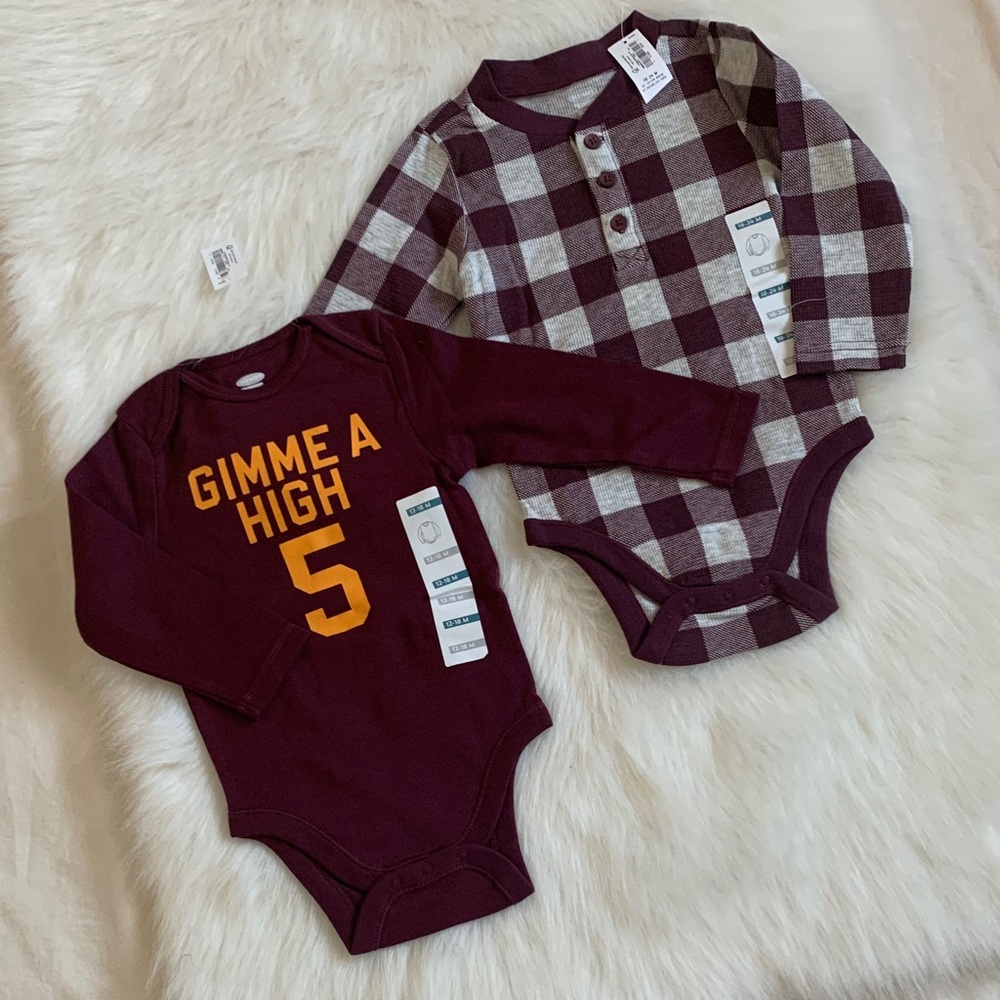 Old Navy Maroon and Plaid Baby Bodysuit Set